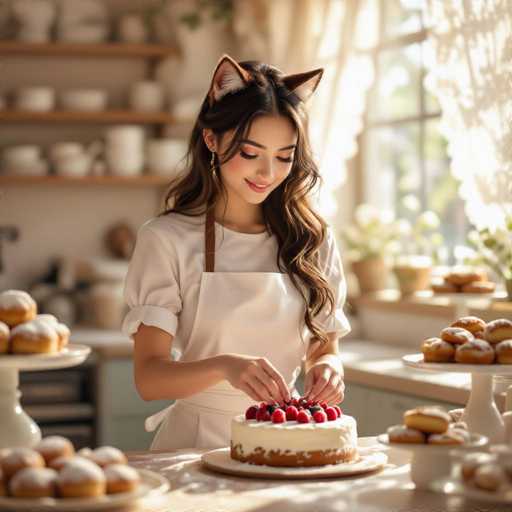 In this captivating photograph, a young woman with long, dark brown hair adorned with cat ears is seen in a cozy kitchen, meticulously decorating a round cake. She is dressed in a white shirt with rolled-up sleeves and a white apron, her hands gently placing vibrant red raspberries on top of the cake. The cake itself is a masterpiece, with a smooth layer of white frosting and a brown base. Surrounding her on the white table are various pastries, including donuts and other treats, adding to the kitchen's warm and inviting atmosphere. The background, though slightly blurred, reveals a window with a white curtain, a shelf filled with white bowls, and a countertop with more pastries. The scene is bathed in natural light, highlighting the woman's focused expression as she adds the final touches to her creation.