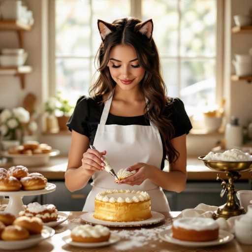 In this vibrant color photograph, a young woman with long, wavy brown hair is captured in a moment of focused artistry in her kitchen. She is wearing a black short-sleeved shirt and a white apron, and her eyes are closed as she looks down at the cake she is decorating. Her hands are busy with a piping bag, adding intricate white frosting to the top of a round, golden-brown cake that sits on a white plate. The kitchen is bathed in natural light streaming through a large window behind her, which offers a blurred view of trees outside. The background is softly out of focus, revealing shelves filled with various kitchen items, including a vase of white flowers and a bowl of fruit. On the wooden table in front of her, there are several other plates of pastries, including donuts and smaller cakes, adding to the scene's warm and inviting atmosphere.
