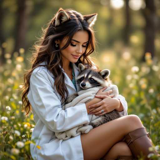 In this captivating photograph, a young woman with long, wavy brown hair adorned with white and brown fox ears sits gracefully in a lush, sunlit field. She is dressed in a white lab coat over a green shirt, paired with brown leather boots that extend just above her ankles. Her eyes are gently closed as she gazes down at a baby raccoon nestled in her arms. The raccoon, wrapped snugly in a white blanket, has striking black and white fur, a black nose, and black eyes. The woman's left hand, adorned with a silver ring on her ring finger, tenderly cradles the raccoon. The background is a blur of vibrant green grass and white flowers, with sunlight filtering through the trees, casting a serene glow over the scene. The woman's head is slightly tilted to the right, and she wears a delicate silver earring in her right ear, adding a touch of elegance to her whimsical appearance.