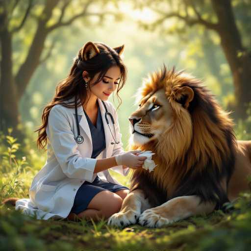 A serene, digitally-rendered scene depicts a woman in a white lab coat and stethoscope gently examining a majestic lion. The woman, with long brown hair adorned with lion ears, is kneeling beside the calm, golden-maned lion on a lush green surface. Sunlight filters through the soft focus of a sun-dappled forest background, creating a peaceful and intimate atmosphere. The art style is realistic yet fantastical, emphasizing a gentle connection between human and animal.