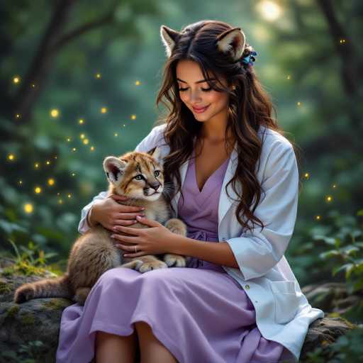 In this enchanting image, a woman is seated on a moss-covered rock, cradling a small, adorable baby bobcat in her arms. She is dressed in a light purple dress paired with a white lab coat, suggesting she might be a veterinarian or a wildlife expert. Her long, dark brown hair cascades down her shoulders, and she has a gentle, serene smile on her face. The woman's ears are adorned with whimsical cat ears, adding a playful touch to her appearance. 

The baby bobcat, with its light brown fur and striking black stripes, gazes curiously to the right, seemingly captivated by something out of frame. The background is a lush, verdant forest, with sunlight filtering through the trees, casting a warm glow on the scene. Scattered throughout the image are numerous yellow dots, reminiscent of fireflies or magical sparks, enhancing the mystical atmosphere. The overall composition exudes a sense of tranquility and wonder, blending the natural world with a touch of fantasy.