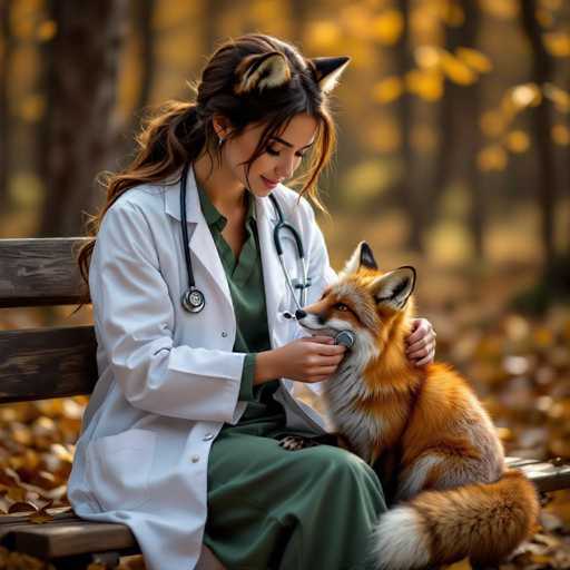 In this captivating image, a female veterinarian is seen sitting on a wooden bench in a serene park, surrounded by the vibrant colors of autumn. She is dressed in a white lab coat over a green shirt, with a stethoscope draped around her neck, exuding both professionalism and warmth. Her long brown hair is tied back in a ponytail, and she wears a gentle, serene expression as she looks down at a fox beside her. The fox, with its striking orange fur, white-tipped tail, and black-tipped ears, sits attentively on the bench. The woman tenderly holds the fox's chin with one hand while cradling its back with the other, creating a touching moment of connection between human and animal. The background is softly blurred, highlighting the intimate interaction in the foreground, and the ground is carpeted with fallen leaves in shades of yellow, orange, and brown, adding to the autumnal atmosphere.