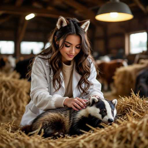 In this captivating photograph, a woman is seen sitting in a rustic barn, gently petting a small badger. The badger, with its distinctive black and white fur, is nestled in a bed of hay, its head turned slightly to the right, revealing its black eyes and nose. The woman, dressed in a white sweater and a white lab coat, has long brown hair cascading down her back. She is adorned with whimsical cat ears, adding a playful touch to her appearance. Her eyes are closed, and she wears a serene smile, her hands tenderly cradling the badger's head. The background is softly blurred, highlighting the intimate moment between the woman and the badger. A large, round light fixture hangs from the ceiling, casting a warm glow over the scene. The barn's wooden walls and scattered hay bales add to the rustic charm, while a few windows on the left side allow natural light to filter in, completing this enchanting moment.