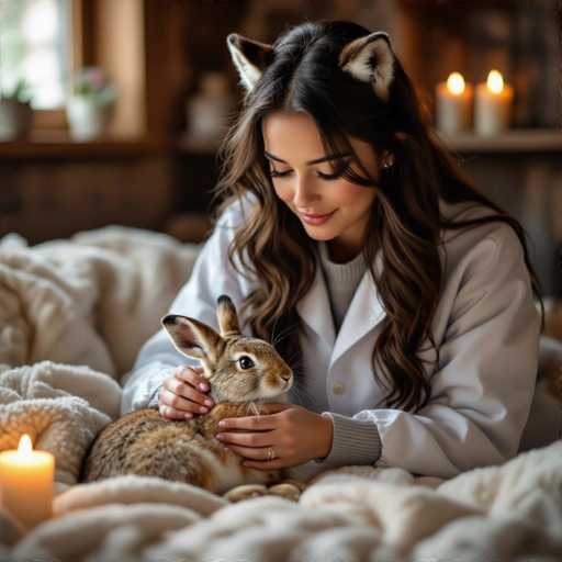 In this captivating image, a woman with long, dark brown hair and striking black eyebrows is seen sitting on a bed adorned with white blankets. She is wearing a white lab coat over a gray sweater, and her hands are gently cradling a brown bunny with black-tipped ears and a white belly. The woman's eyes are closed, and she is smiling softly, her head adorned with fox-like ears that are brown with white centers. The bunny, with its black eyes and white whiskers, gazes back at her, creating a tender moment between the two. The background is blurred, but a wooden shelf with two lit candles can be discerned, adding a warm glow to the scene. The woman's left hand, which bears a ring on her ring finger, rests on the bunny's back, while her right hand supports the bunny's head. The overall composition exudes a sense of tranquility and affection.