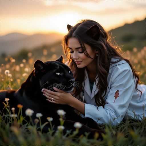 In this captivating image, a woman with long, dark brown hair and striking cat ears is seen sitting in a lush field of tall grass and white flowers. She is wearing a white lab coat with a noticeable tear on the sleeve, revealing a hint of green beneath. Her eyes are closed, and she has a gentle smile on her face as she lovingly cradles the chin of a black panther beside her. The panther, with its piercing green eyes and white whiskers, gazes off to the right. The background is softly blurred, showcasing a serene landscape of rolling hills and distant mountains under a sky painted in hues of orange and yellow, suggesting either a sunrise or sunset. The overall scene exudes a sense of tranquility and connection between the woman and the panther.