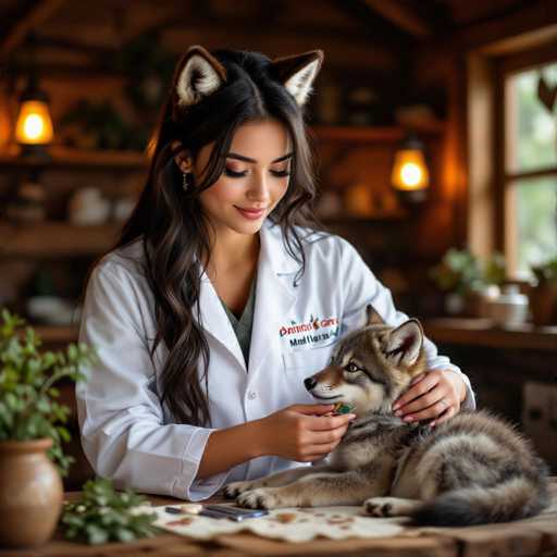 In this captivating photograph, a young woman is seen sitting at a wooden table, tenderly interacting with a small dog. The woman, who has long, dark hair and is wearing a white lab coat, is adorned with whimsical cat ears, adding a playful touch to her appearance. Her eyes are closed, and she is smiling warmly, exuding a sense of calm and affection. The dog beside her, with its gray and black fur, is lying down and looking up at her with a curious expression. The setting appears to be a cozy, rustic cabin, with wooden shelves and a window visible in the background. The scene is further enhanced by the presence of a potted plant on the table, adding a touch of greenery to the warm, inviting atmosphere.