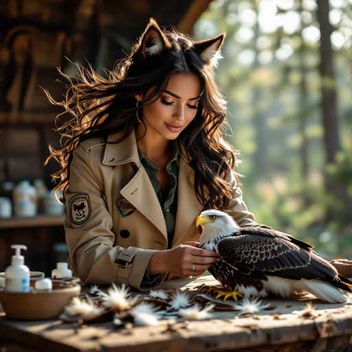In this captivating image, a woman is depicted with strikingly realistic cat ears, adding a whimsical touch to her appearance. She is dressed in a tan trench coat adorned with patches, exuding a sense of adventure and mystery. Her long, flowing brown hair cascades down her back, complementing her elegant gold hoop earrings. The woman's eyes are closed, and she is gently petting a majestic bald eagle that perches on a wooden table in front of her. The eagle, with its piercing gaze directed to the left, showcases its distinctive white head and neck, contrasted by its powerful brown wings and sharp yellow beak. Scattered around the table are white feathers, hinting at the eagle's recent activity. The woman's left hand, adorned with a ring, rests on the table, adding a subtle touch of elegance to the scene. The background is softly blurred, revealing a serene forest with tall trees, enhancing the focus on the intimate interaction between the woman and the eagle.