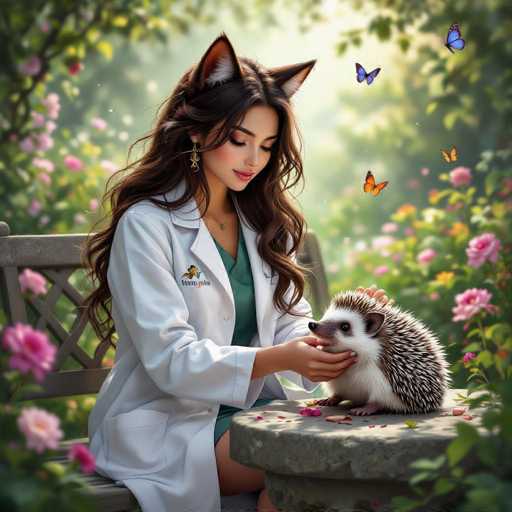 In this enchanting, AI-generated image, a young woman with long, dark brown hair adorned with cat ears sits on a wooden bench, cradling a hedgehog in her lap. She is dressed in a white lab coat, which features a small bird emblem on the left side, over a green dress. Her nails are painted white, and she wears a delicate necklace. The scene is set in a lush garden filled with vibrant pink flowers and green foliage, with sunlight filtering through the trees in the background. Four butterflies flutter around her, adding to the whimsical atmosphere. The hedgehog, with its white belly and spiky brown back, gazes up at her with curious eyes. The woman's expression is one of gentle care as she looks down at the hedgehog, creating a serene and magical moment.