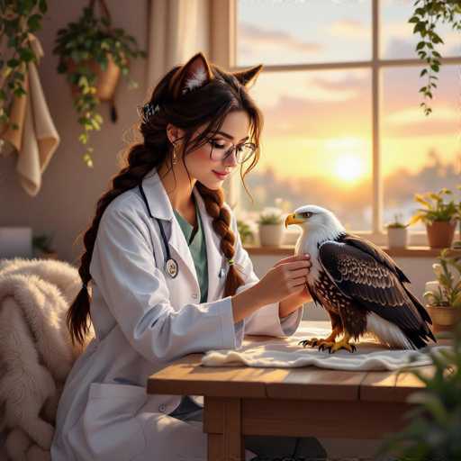 In this captivating image, a young woman is depicted in a whimsical yet professional setting. She is dressed in a pristine white doctor's coat, complemented by a stethoscope draped around her neck. Her long brown hair is styled into two braids that elegantly drape over her shoulders. Adding a playful touch to her appearance, she wears a pair of cat ears atop her head. She is seated at a wooden table, gently petting a majestic bald eagle that stands on a white towel. The eagle, with its striking white head, yellow beak, and piercing yellow eyes, is adorned with brown feathers tipped in white, and its powerful yellow talons are clearly visible. The background features a large window through which the warm hues of a sunset can be seen, casting a serene glow over the scene. The windowsill is decorated with several potted plants, adding a touch of greenery to the setting. To the left of the woman, a cozy white fur chair enhances the inviting atmosphere of the room.