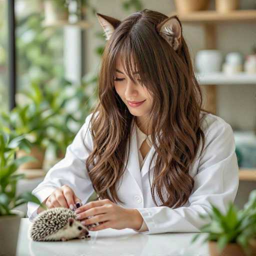 In this captivating photograph, a young woman with long, wavy brown hair adorned with playful cat ears sits at a pristine white desk. Her hair cascades down to her chest, partially obscuring her face and revealing only her delicate nose and lips. She is dressed in a white lab coat over a white shirt, suggesting a professional setting, possibly a veterinary office. Her hands, with nails painted black, gently cradle a small hedgehog, which is positioned on the desk in front of her. The hedgehog, with its white belly and black nose, gazes off to the right, seemingly uninterested in the woman's presence. The background is softly blurred, featuring a shelf filled with various items and a window to the left, through which green plants can be seen outside. The overall scene exudes a serene and whimsical atmosphere, blending the professional with the playful.