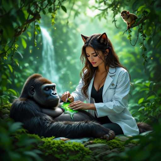 In this captivating digital artwork, a female veterinarian is depicted tending to a gorilla in a lush, verdant jungle setting. The scene is richly detailed, with the gorilla lying on its side, seemingly relaxed as the vet applies a green ointment to its chest. The veterinarian, adorned in a white lab coat, has long brown hair cascading down her back and distinctive cat ears perched atop her head. Her attire is completed with a black shirt and pants, and she wears a wedding ring on her left hand. The gorilla, with its brown fur and black face, gazes off to the side, exuding a sense of calm. Surrounding them, the jungle is alive with greenery, vines, and leaves, and a waterfall cascades in the background, adding to the serene atmosphere. A small monkey perches on a branch in the upper right corner, observing the interaction. The entire scene is bathed in a soft, yellow light, enhancing the magical and tranquil ambiance of this enchanting moment.