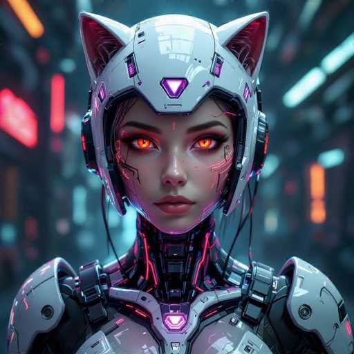 The image depicts a highly detailed, computer-generated female robot with a distinctly futuristic appearance. She has a sleek, metallic body adorned with intricate pink and red lighting accents. Her head features a helmet-like structure with cat ears, and her eyes are glowing orange, adding to her otherworldly aesthetic. The background is a dark, blurry mix of blue, orange, and red lights, enhancing the sci-fi atmosphere. The robot's face is human-like, with pink lips and a nose, but her neck and upper body are clearly mechanical. She is wearing a metallic top with straps over her shoulders, and her overall design suggests she could be a character from a video game or a sci-fi movie. The image is square-shaped, focusing closely on the robot's head and upper torso, with no visible text or numbers.