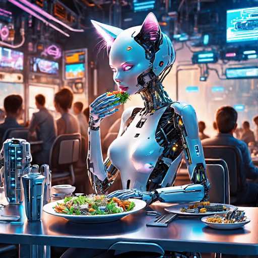 In this detailed and futuristic image, a female robot with cat-like ears and a sleek, metallic body is seated at a table in a bustling restaurant. The robot, with a white exterior and visible internal wires, is eating a salad from a large white plate. Her eyes are illuminated with a purple hue, and she has pink lips. The table is adorned with various items, including a plate of fries, a drink, and a napkin dispenser. Surrounding her are several humans, all seated at tables and engrossed in their meals or devices. The background is filled with numerous screens, adding to the high-tech ambiance of the scene.