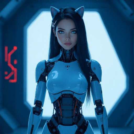A strikingly beautiful, blue-skinned android with long black hair and cat ears stands centered against a glowing blue backdrop. The robot's body is sleek and metallic, with visible mechanical components. Her expression is serene and direct, her gaze intense. The overall style is futuristic and digital, with a focus on smooth lines and cool lighting.