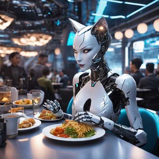 In this captivating image, a female robot is seated at a sleek, silver table in a modern restaurant. The robot, with a strikingly human-like appearance, features a white face and a metallic body. Her head is adorned with two pointed, cat-like ears, adding a unique touch to her design. She is dressed in a white shirt, and her arms are a blend of white and black metal. The robot is engaged in eating a meal that appears to be spaghetti, with her right hand poised to pick up a piece of food from a white plate. The table is set with various items, including a glass of water, a cup of coffee, and another plate of food. The background is slightly blurred, but it reveals other diners and a waiter, contributing to the lively atmosphere of the restaurant.