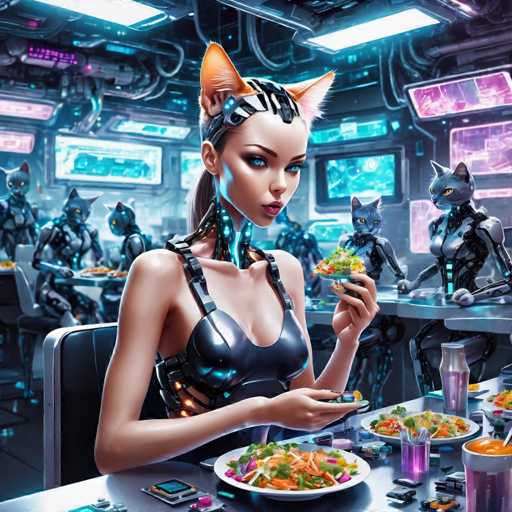 In this detailed, computer-generated image, a female cat human is depicted sitting at a table in a futuristic restaurant. She has striking blue eyes and is dressed in a black, sleeveless top that resembles a bra. Her head is adorned with a black helmet-like device, and she has orange cat ears protruding from the top. The cat human is holding a plate of food in her left hand, while her right hand rests on the table. Surrounding her are various plates of food and a purple drink. The restaurant features several other cat humans, some seated at tables and others standing, all with similar cat ears and dressed in black tops. The background is filled with neon lights and screens, adding to the high-tech ambiance of the scene.