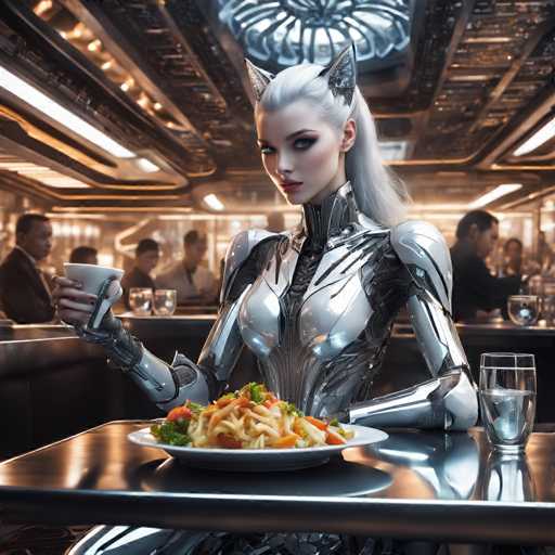 A strikingly futuristic, silver-clad humanoid figure with cat ears is seated at a sleek, metallic table in a dimly lit, high-tech restaurant. She holds a white cup and a plate of vibrant pasta with colorful vegetables, her gaze directed towards the viewer. The background features other patrons in a similar futuristic setting, with glowing neon accents and a sense of advanced technology. The overall style is highly detailed and evocative of a cyberpunk or science fiction aesthetic, emphasizing metallic textures and sharp lines.