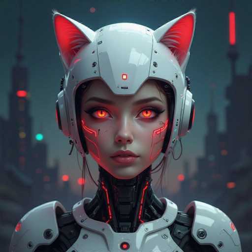 The image depicts a highly detailed, computer-generated scene of a female robot set against a futuristic cityscape. The sky is a dark blue, almost black, with tall buildings illuminated by red and blue lights, creating a striking contrast. The robot, positioned centrally in the image, has a sleek, metallic body with a black neck and a white chest plate. Her shoulders are adorned with white armor pieces, and her head is encased in a white helmet featuring cat-like ears with pink interiors. The robot's face is human-like, with long eyelashes, pink lips, and glowing red eyes. Red lights accentuate her cheeks and neck, adding to her otherworldly appearance. The overall color palette includes shades of gray, black, red, pink, blue, and green, contributing to the image's futuristic and sci-fi aesthetic.