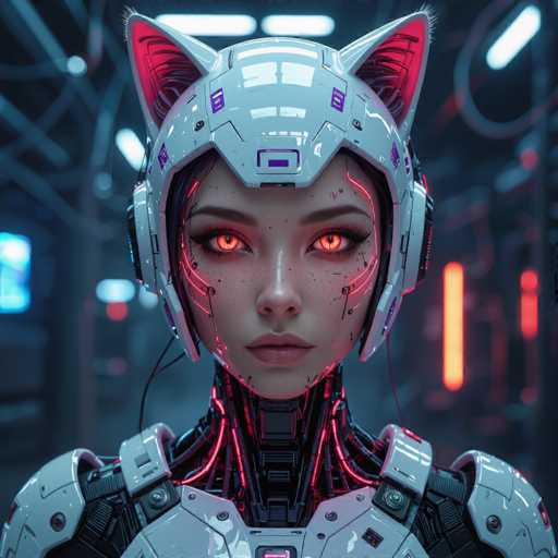 The image depicts a highly detailed, computer-generated female robot with a distinctly futuristic appearance. She is adorned in a sleek, metallic outfit that covers her torso and shoulders, with a helmet that features cat-like ears and is illuminated by red lights. Her eyes are a striking orange, and her face is sprinkled with freckles, adding a touch of realism to her otherwise robotic visage. The background is a dark, industrial setting filled with neon lights and wires, enhancing the sci-fi atmosphere. The overall color palette includes shades of gray, black, red, orange, blue, purple, and pink, contributing to the high-tech, cyberpunk aesthetic. The robot's expression is neutral, and she gazes directly at the viewer, creating a captivating and enigmatic presence.