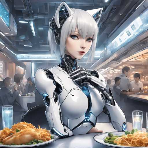 In this detailed, computer-generated image, a female robot is seated at a table in a futuristic restaurant. The robot, with a distinctly feminine appearance, features a white body adorned with blue lights and black accents. Her head is topped with white cat ears, and she has short white hair with bangs. Her striking blue eyes and red lips add to her human-like charm. She is dressed in a white shirt with a blue light running down the center, and her hands are covered in silver gloves. 

In front of her, there are two plates of food: one plate contains a piece of chicken, noodles, and broccoli, while the other plate has a similar meal. A glass of water is also placed on the table. The restaurant setting is bustling with other patrons, including a man in a suit and a woman in a black shirt, all seated at tables. In the background, a bar area is visible with several people standing. The ceiling is gray, and the walls are illuminated with blue lights, adding to the high-tech ambiance of the scene.