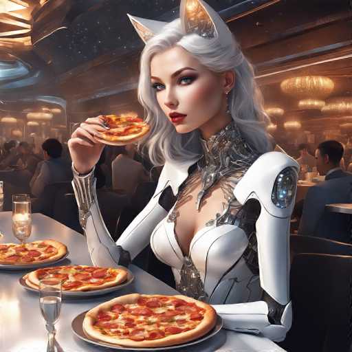 The image depicts a highly detailed, computer-generated scene of a futuristic female robot dining in a high-end restaurant. The robot has long, flowing white hair and striking blue eyes, with a face that appears almost human-like. She is adorned with cat-like ears that are white with golden insides, adding to her unique appearance. Her attire is a form-fitting, white robotic suit that accentuates her chest and arms, with intricate silver metal accents and a low neckline. The suit features a clear plastic circle on her left shoulder and a black band around her right wrist. 

In front of her, there are four plates of pepperoni pizza, each with a golden crust, and a glass of water and a glass of champagne. The restaurant setting is luxurious, with golden chandeliers hanging from the ceiling and a crowd of people seated at tables in the background. The overall ambiance is warm and inviting, with a color palette dominated by browns, golds, and whites, creating a sophisticated atmosphere.