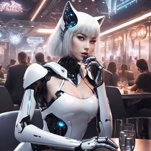 A sleek, white, humanoid robot with cat-like ears and glowing blue accents sits in a futuristic restaurant. The robot is positioned centrally, looking directly at the viewer with a confident gaze. A blurred background depicts other patrons in a dimly lit, neon-lit space, emphasizing the robot's prominence. The overall style is highly detailed and digital art-inspired, with a focus on smooth, metallic textures.
