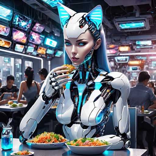 In this detailed, futuristic scene, a humanoid robot with a sleek, white metallic body and striking blue eyes is seated in a bustling restaurant. The robot, which has cat-like ears and a face reminiscent of a human female, is eating a yellowish food item. Its hands are also metallic, adding to its robotic appearance. The restaurant is filled with other patrons, including a woman in a gray tank top and a man in a blue shirt, all engaged in their meals. The background is adorned with numerous TV screens displaying various shows, adding to the high-tech ambiance. The ceiling features blue lights, and the floor is gray, complementing the overall futuristic aesthetic. The robot's chest area is illuminated with blue lights, and it has a distinctive red dot on its forehead, enhancing its otherworldly appearance.