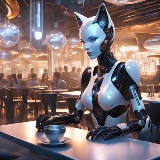 A sleek, white and black humanoid robot with cat-like ears sits at a modern, brightly lit table in a futuristic restaurant. The robot is holding a teacup and saucer, gazing pensively towards the blurred background of other patrons. The overall style is a blend of cyberpunk and art deco, with glowing neon lights and geometric patterns creating an atmospheric ambiance. The focus is on the robot's elegant form and its quiet presence in the bustling, technologically advanced setting.