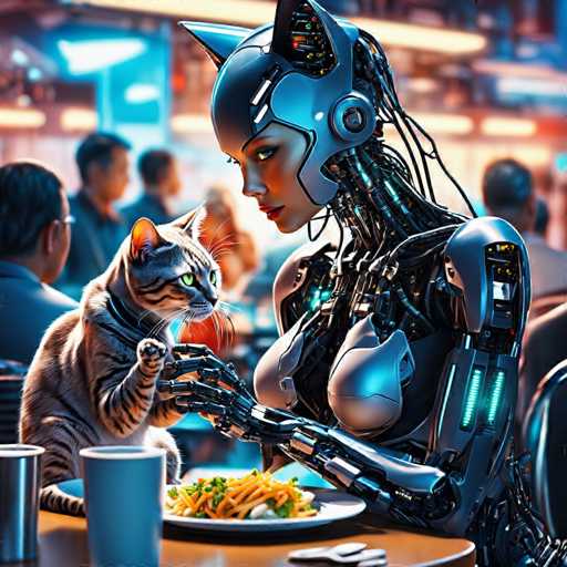 In this captivating image, a humanoid robot with a distinctly feminine appearance is seated at a table, engaged in a meal. The robot's head is adorned with cat-like ears, adding a whimsical touch to its otherwise sleek, metallic design. Its face is remarkably human-like, complete with expressive eyes, a nose, and lips, giving it an endearing charm. The robot's torso is covered in silver metal, with wires visibly trailing from the back of its head, emphasizing its mechanical nature. Its right arm is extended, delicately holding a paw of a cat that sits across from it. The cat, with striking green eyes, gazes back at the robot, creating a moment of connection between the two. The table in front of them is set with a plate of food, a cup, and a fork, suggesting a casual dining scenario. The background is blurred, drawing focus to the intimate interaction between the robot and the cat, while hinting at a bustling environment with other people dining.