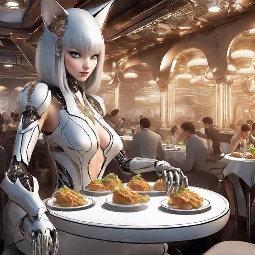 In this highly detailed, computer-generated image, a female robot is seated at a round table in a futuristic restaurant. The robot, with her striking white bobbed hair and bangs, has a distinctly feminine face adorned with blue eyes, red lipstick, and a touch of blush on her cheeks. She wears a white bodysuit that reveals her cleavage and extends to her waist, with her arms exposed, showcasing a blend of white and black metallic components. Her right hand rests on the table, while her left hand reaches for a plate of food. The table is set with six plates, each containing a piece of bread topped with a green garnish, and accompanied by what appears to be French fries. The restaurant's ambiance is enhanced by a ceiling with intricate designs and hanging chandeliers, while the background features other patrons seated at tables, adding to the lively atmosphere.
