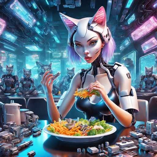The image depicts a futuristic, AI-generated scene set in a high-tech, cyberpunk environment. At the center of the image is a female robot with a sleek, white metallic body and a black chest plate. She has distinctive cat ears with pink insides and short, purple hair. Her eyes are a striking yellow, and she is wearing a black bra. The robot is seated at a table, eating a salad with orange carrots and green lettuce, using a utensil in her right hand while holding the food with her left. 

Surrounding her are several other robotic figures, all seated at tables and engaged in eating. The background is filled with an array of neon lights in shades of pink, blue, and purple, casting a vibrant glow over the scene. The setting appears to be a restaurant or a cafeteria, with various mechanical devices and gadgets scattered on the tables. The overall atmosphere is dark and moody, accentuated by the glowing neon lights and the metallic sheen of the robotic bodies.