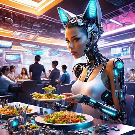 In this detailed, futuristic illustration, a female robot with a human-like face and a sleek, metallic body is seated in a bustling restaurant. Her head features a distinctive crown-like structure with two horn-like protrusions, each emitting a blue light. The robot's left arm is entirely mechanical, while her right arm appears to be human. She is dressed in a white tank top and is holding a plate of food, which she seems to be offering to a nearby table. The table is cluttered with various items, including a plate of spaghetti and broccoli, a cupcake, and a small toy. Surrounding her are other patrons, some seated and some standing, all engaged in their meals. The restaurant's ambiance is enhanced by the presence of numerous screens and lights, contributing to the high-tech atmosphere. The scene is a blend of human and robotic elements, highlighting the intersection of technology and daily life in this advanced setting.