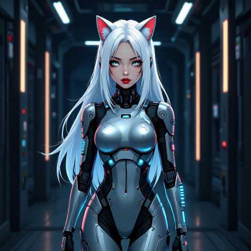 The image depicts a highly detailed, computer-generated female character standing in the center of a futuristic hallway. She has long, flowing white hair and striking blue eyes, complemented by red lips. Her attire is a form-fitting, metallic bodysuit that accentuates her curves, particularly around the chest and waist. The bodysuit is primarily silver with black accents and features glowing blue lights, especially around the waist and chest area. Adding to her unique appearance, she has cat-like ears on top of her head, colored pink on the inside and white on the outside. The background is a dark, metallic corridor illuminated by vertical orange lights on both sides and horizontal white lights on the ceiling, creating a stark contrast that highlights the character's futuristic and otherworldly design.