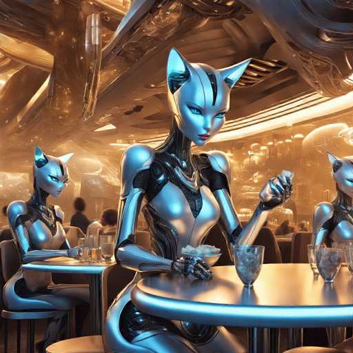 The image depicts a futuristic, AI-generated scene set in a high-tech restaurant. Three humanoid robots with cat-like features, including pointy ears and feline eyes, are seated at a table. The central robot, the largest of the three, is holding a bowl of rice and a glass of water, while the other two robots are also enjoying meals. The restaurant's ceiling is adorned with intricate, metallic designs, and the background features a blend of brown and silver hues, adding to the high-tech ambiance. The overall setting suggests a blend of advanced technology and a casual dining experience.