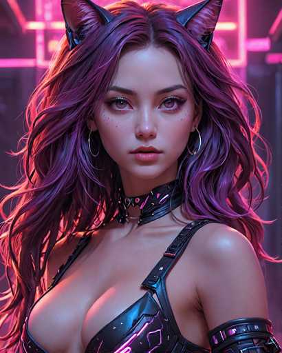 This image features a highly detailed, computer-generated depiction of a young woman with long, flowing hair that transitions from a deep purple at the roots to a lighter shade at the ends. She has striking green eyes and is adorned with large, gold hoop earrings. Her attire includes a black leather choker with pink accents, and a matching black leather top that reveals her cleavage. The top is designed with a pink light-up pattern, adding a futuristic touch. She also wears a black leather bracelet on her left arm. The background is illuminated with pink neon lights, enhancing the overall vibrant and dynamic atmosphere of the image.