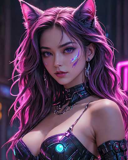 The image depicts a highly detailed, computer-generated female character, possibly from a video game or an anime. She has long, flowing hair that transitions from a dark purple at the roots to a lighter purple at the ends, with some strands appearing almost pink. Her hair is adorned with cat-like ears, which are a mix of pink and gray, adding to her feline appearance. She has striking blue eyes and is wearing a unique, metallic outfit that combines elements of leather and plastic. The outfit features a single strap over her left shoulder and a chain that extends from her neck to the strap, ending in a glowing blue orb. She also wears a choker-like collar with a chain hanging from it. Her makeup includes blue and purple paint on her cheeks, and she has long, dangling earrings. The background is dark and blurry, with hints of pink lighting, enhancing the overall mysterious and futuristic vibe of the image.