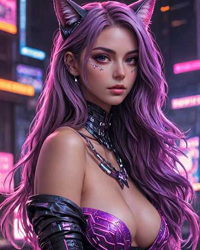 The image depicts a highly detailed, computer-generated female character set against a futuristic cityscape backdrop. She has long, flowing purple hair and striking blue eyes, accentuated by a unique facial feature: a sword-like mark on her cheek. Her attire is a blend of futuristic and gothic styles, featuring a purple top with pink lines and black leather sleeves that extend to her elbows. Around her neck, she wears a black leather choker adorned with a silver necklace. Her ears are adorned with multiple earrings, and she sports cat-like ears, adding to her otherworldly appearance. The background is a blurred cityscape with tall buildings illuminated by neon signs in shades of pink, blue, and orange, enhancing the sci-fi atmosphere of the scene.