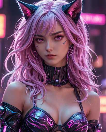 A close-up portrait of a stylish anime girl with vibrant pink, voluminous hair styled into a wild, slightly messy look. She has large, expressive purple eyes with dark eyeliner and subtle pink markings on her cheeks. Her attire is futuristic and edgy, featuring a black, studded choker with glowing pink accents and a matching cybernetic-looking top. She wears cat-like ears on her head, adding to the fantastical aesthetic. The background is blurred with neon lights, suggesting a vibrant urban setting. The overall art style is digital painting, emphasizing detailed textures and soft lighting to create a captivating image.