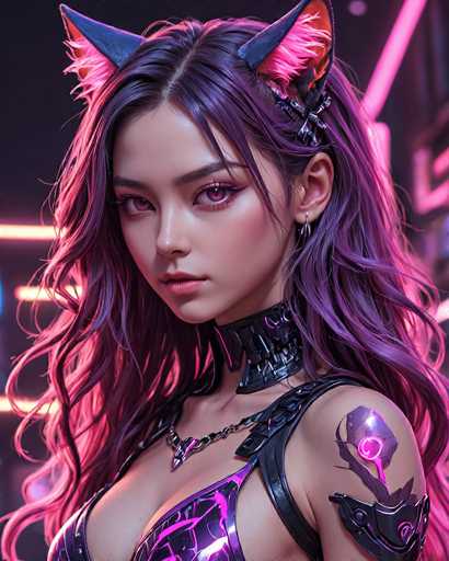 The image depicts a highly detailed, computer-generated, or AI-generated artwork of a young woman with distinct features. She has long, wavy hair that transitions from black at the roots to a purplish hue towards the ends. Her hair is adorned with cat-like ears that are black on the outside and pink on the inside. She has striking pink eyes and is wearing a black leather choker with a pink line running down the middle. Her outfit includes a purple and black leather top, and her left shoulder is covered with a black leather piece that features a pink flower design. The background is dark, with pink and white lines running through it, adding to the overall futuristic and stylized aesthetic of the image.