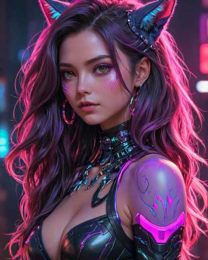 The image features a young woman with long, wavy hair that transitions from black to purple, adorned with pink highlights. She has striking green eyes and is wearing a black leather top with a low neckline, revealing some cleavage. Her outfit is accentuated by a metallic choker that extends down her chest, and she has a black leather strap over her shoulder. She sports large hoop earrings with pink and blue stripes, and her face is decorated with pink and white striped makeup on her cheeks. Her hair is styled with a headband that includes cat ears, adding a whimsical touch to her look. The background is blurred, with hints of pink and blue lights, suggesting a futuristic or sci-fi setting.