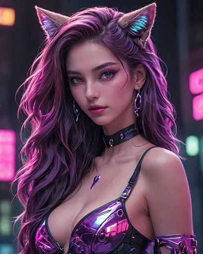 A captivating digital portrait of a woman with long, flowing purple hair adorned with cat-ear headwear. She wears a futuristic, iridescent purple bodysuit and a black choker. Her makeup is bold with vibrant pink eyeshadow and dark eyeliner. The background features blurred neon city lights, creating a cyberpunk aesthetic. The overall style is highly detailed and stylized, emphasizing soft lighting and a focus on the subject's expressive eyes.