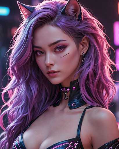 This image features a highly detailed, computer-generated depiction of a young woman with long, flowing hair that transitions from a light purple to a darker purple hue. She has striking purple eyes and is adorned with black cat ears that have pink interiors. Her face is marked by a series of small dots beneath each eye, resembling freckles or teardrops. She wears a black leather choker with pink accents and a matching black leather top that reveals her shoulders. Her makeup is meticulously applied, with pink lipstick and purple eyeshadow that complements her hair color. The background is a blurred mix of pink and blue lights, adding to the overall ethereal and stylized appearance of the image.
