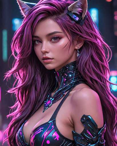 This image features a highly detailed, computer-generated depiction of a young woman, likely in her late teens or early twenties. She has long, flowing hair that transitions from a deep purple at the roots to a lighter pink at the ends. The woman is adorned with cat-like ears, which are white with pink accents, and a headband that matches her hair color. Her eyes are a striking purple, complementing her fair skin and pink lips. She wears a black leather top with pink accents, which includes a high collar that extends up to her neck. The top is low-cut, revealing some cleavage. Additionally, she has a black leather arm piece on her left arm, which features pink highlights. The background is blurred, with indistinct blue and pink lights, adding to the overall futuristic and stylized aesthetic of the image.