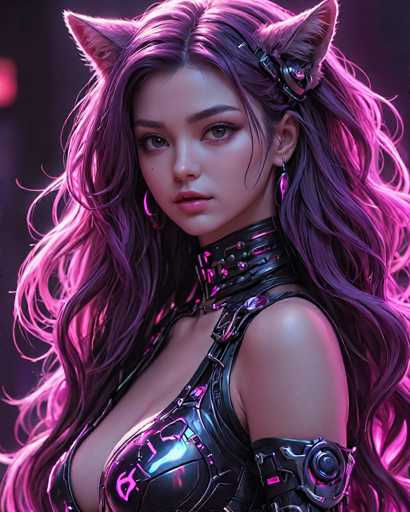 A close-up portrait of a stunning, anime-style woman with long, flowing purple hair adorned with cat ears. She wears a futuristic, dark leather bodysuit with glowing pink accents and a high, studded collar. Her expression is soft yet intense, her gaze direct. The overall style is highly detailed and digitally rendered, emphasizing a blend of fantasy and modern aesthetics.