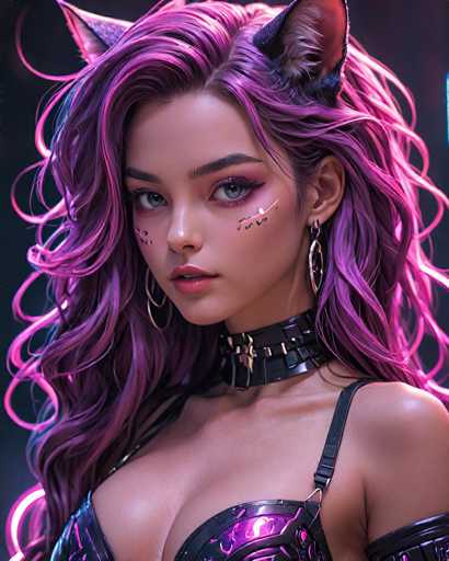 This image features a highly detailed, computer-generated depiction of a young woman with long, wavy hair that transitions from dark purple to light pink. She has striking blue eyes and is adorned with black cat ears that have white fur on the inside. Her face is accentuated with black and purple eye shadow, and she has a distinctive black and purple tattoo on her cheek. She wears large, silver hoop earrings and a black leather choker with gold buckles. Her outfit includes a purple and black leather bra that reveals her cleavage, and she has a black leather armband on her left arm. The background is a dark gray, almost black, which makes her vibrant hair and attire stand out even more. The overall style of the image is reminiscent of a comic book or video game character, with a futuristic and edgy aesthetic.