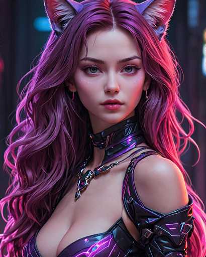 This image features a highly detailed, computer-generated depiction of a young woman, likely in her late teens or early twenties. She has long, flowing hair that transitions from a deep purple at the roots to a vibrant pink at the tips. Her hair is adorned with cat-like ears, which are purple with white fur inside, adding a whimsical touch to her appearance. She has striking blue eyes and is wearing pink lipstick, complementing her fair complexion.

Her attire is equally elaborate, consisting of a purple leather top with intricate designs. The top is sleeveless, revealing her shoulders and part of her upper arms. A black leather choker adorns her neck, from which a purple and black leather necklace dangles, featuring a prominent purple gem at its center. The background is a blurred mix of black and blue hues, with indistinct shapes that could be buildings, adding a sense of depth and mystery to the scene.
