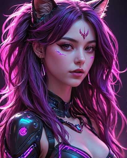 This image portrays a highly detailed, computer-generated depiction of a young woman, likely in her late teens or early twenties. She has long, flowing hair that transitions from dark purple to light pink, with a hint of blonde at the tips. Her hair is adorned with cat ears, adding a whimsical touch to her appearance. She has striking grayish-brown eyes accentuated by dramatic cat-eye eyeliner and long, dark eyebrows. Her lips are painted a vivid pink, and she wears a unique symbol on her forehead resembling a three-pronged fork or a stylized 'V'. 

Her attire is equally elaborate, featuring a black leather choker with a silver buckle, and a matching black leather top that reveals her shoulders and chest. The outfit is accentuated with purple lights, particularly noticeable on her right shoulder. She also wears long, dangling earrings that complement her futuristic and somewhat gothic aesthetic. The background is a dark gray, which makes her vibrant features and attire stand out even more prominently.