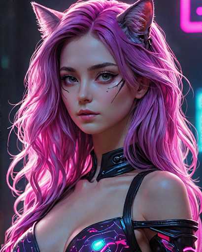 A close-up portrait of a strikingly beautiful, anime-style woman with vibrant, long, lavender hair styled in loose waves. She has large, expressive eyes with dark eyeliner and delicate, stylized black markings resembling whiskers on her face. She wears a futuristic, dark purple bodysuit with glowing neon blue accents and black straps. Her ears are cat-like, adding to her unique aesthetic. The background is a blurred neon cityscape, suggesting an urban, cyberpunk setting. The overall style is highly detailed and digital art-focused, emphasizing soft lighting and a focus on the subject's face.
