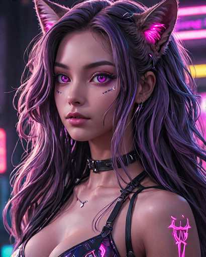 A close-up portrait of a stylish anime girl with long, purple hair adorned with glowing pink cat ears. She has striking purple eyes and intricate purple makeup, complemented by a black choker and a futuristic-looking outfit. The background is blurred with neon lights, creating a vibrant, cyberpunk aesthetic. The overall style is detailed and digital art-focused.