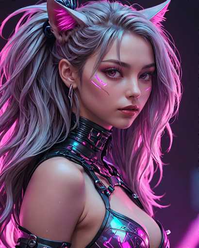 This image features a highly detailed, computer-generated depiction of a young woman, likely in her late teens or early twenties. She has long, silvery hair with a hint of pink, styled into a ponytail with bangs framing her face. Her hair is adorned with cat-like ears, which are white with pink fur on the inside. She has striking pink eyes and is wearing pink lipstick, complemented by pink makeup on her cheeks. Her attire is a form-fitting, metallic outfit that appears to be made of leather or plastic, with a low-cut top that reveals some cleavage. The outfit includes a black collar with buckles and straps, and she is also wearing a black armband. The background is dark, almost black, with a pink light source illuminating her from the left side. The overall aesthetic suggests she might be a character from a video game or a piece of digital art.